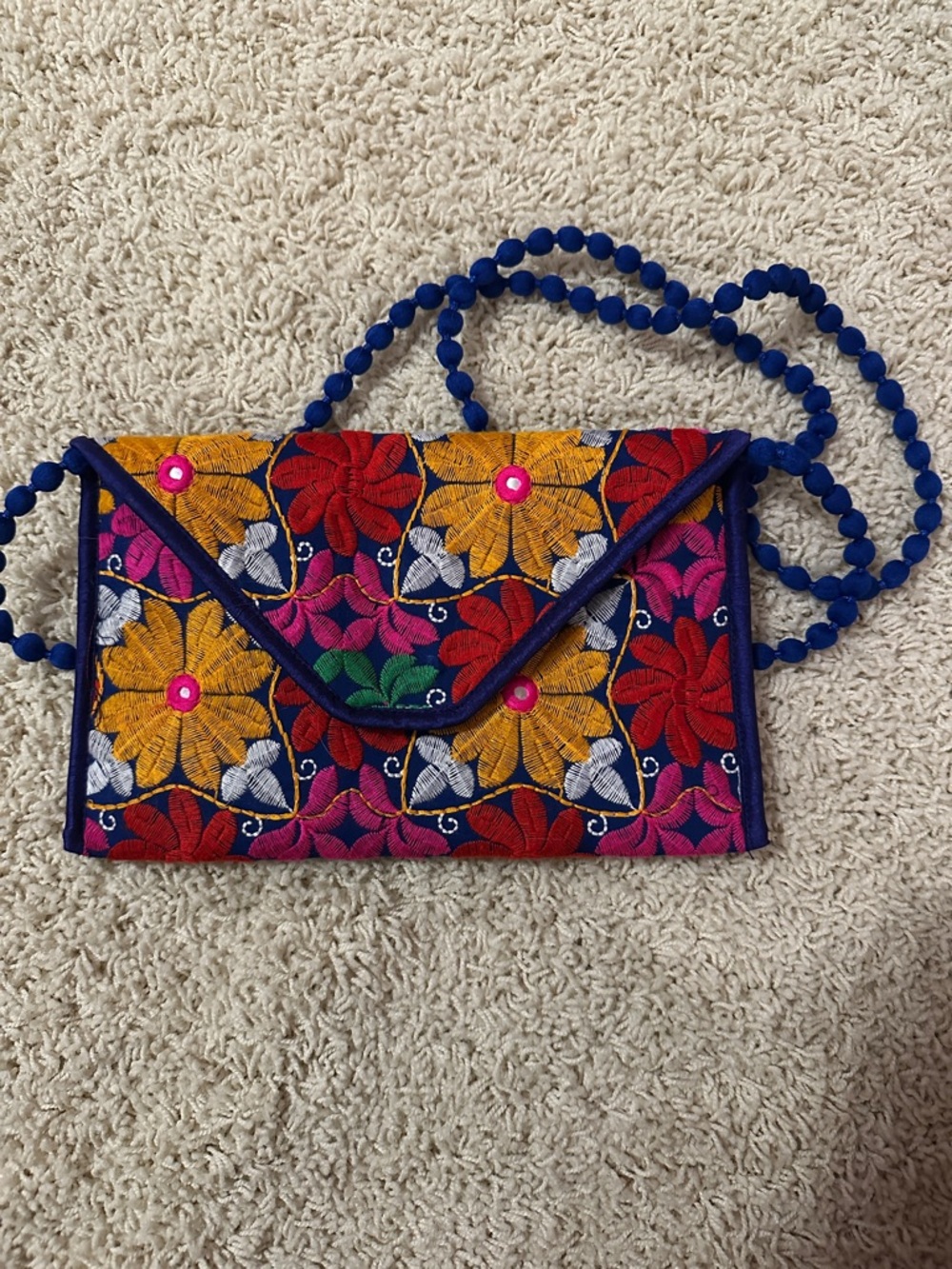 Hand-Embroidered Floral Envelope Crossbody Bag - Blue